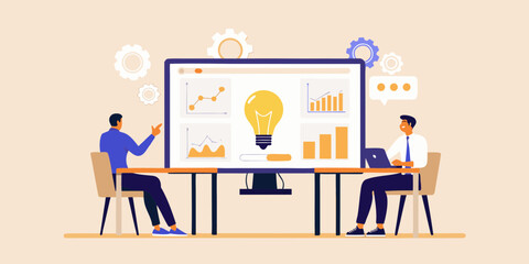 Two businessmen collaborating on a project analyzing data and brainstorming new ideas on a large computer screen