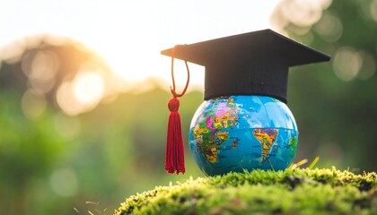 Global education graduation concept globe symbolizes international learning, academic achievement, world knowledge, and studying abroad opportunities in diverse cultures.