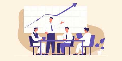Business team meeting discussing growth chart with upward trend arrow and positive financial results