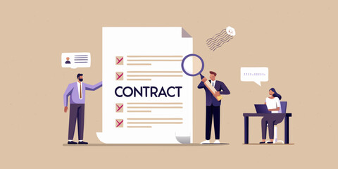 Business people reviewing a contract document with a magnifying glass and a laptop