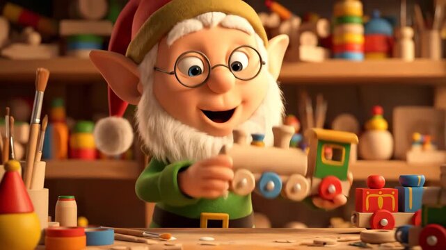 Elf in Workshop Painting Wooden Toy Train for Christmas Presents on North Pole, Winter Holiday Preparation