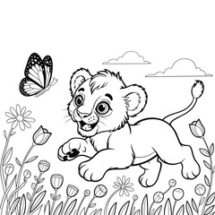 Cute Adorable cartoon lion cub and butterfly line art coloring book page for kids and children sketch drawing activity book safari animal Print