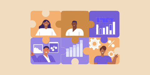 Diverse team collaborating on business strategy and data analysis represented by puzzle pieces