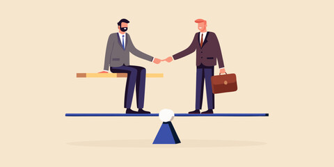 Two businessmen shaking hands on a balanced scale representing equality and partnership in business dealings
