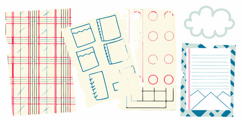 Collection of hand drawn planner pages and decorative elements with a playful scrapbook aesthetic