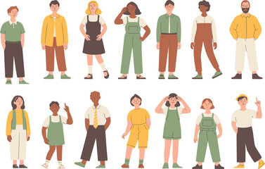 Diverse People Character Set, Standing Pose Illustration, Modern Casual Outfit, Flat Vector Design, Multicultural Group, Cartoon Style, Editable Clipart, Isolated Art