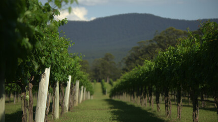 Serene vineyard landscape with orderly grapevine rows under natural sunlight, evoking tranquility and growth.