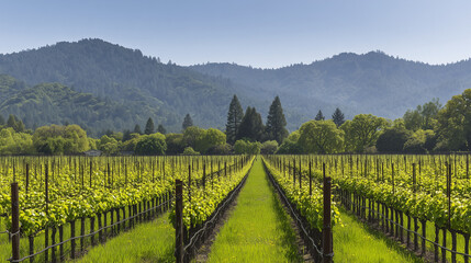Serene vineyard landscape with orderly grapevine rows under natural sunlight, evoking tranquility and growth.