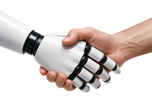Human Hand Gripping Robot Hand in a Handshake, Futuristic Technology Concept, Isolated on Transparent and White Background