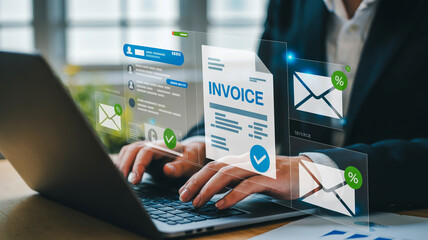 Businessperson Using Laptop with Digital Invoice and Email Icons Overlay finance computer