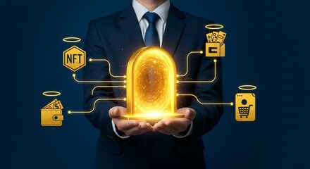 Businessman holding a glowing golden fingerprint inside a dome, representing digital identity, security, and authentication in the metaverse or blockchain technology with nft and shopping icons
