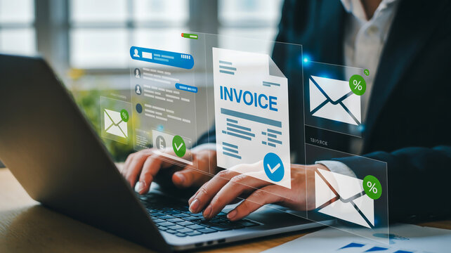 Businessperson Using Laptop with Digital Invoice and Email Icons Overlay finance computer