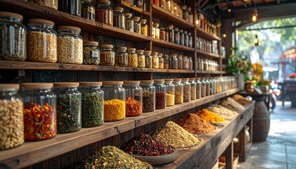 Shelves stocked with diverse spices and dried ingredients in jars