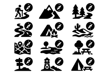 Modern observation river park trail compass icons rest campsite crossing icon forest