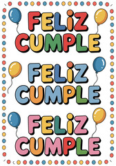 Feliz Cumple sign lettering  calligraphy group of set collection or bundle vector illustration, colorful Happy Birthday in Spanish language Print
