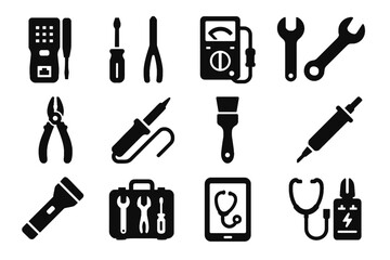 Obraz premium Maintenance thermal wrench toolkit icon tablet flashlight vector cable diagnostic tech brush