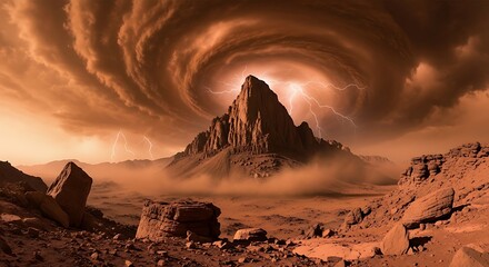 Mountain Peak Under Swirling Martian Storm