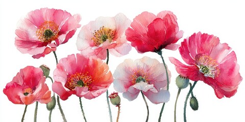 Artistic Watercolor Poppy Composition. Handcrafted Red and Pink Floral Textures on White Canvas