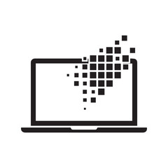 Laptop with pixels flying out of the screen, representing data transfer and digital technology. Solid black glyph icon for software processing or information flow.
