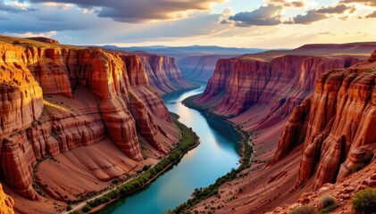 rugged canyon landscape formed by river erosion, immense stratified cliffs glowing orange, turquoise river winding below reflecting sky