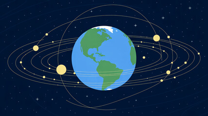 Earth with orbiting celestial bodies and elliptical paths in starry space globe planet