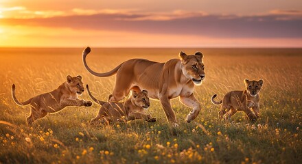 Lions walking at sunset in the savanna