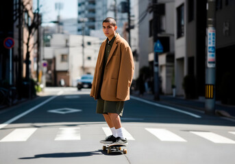 Streetwear fashion, oversized jacket, Tokyo street background, sunny day, a Hispanic male model with a buzz cut, wearing a tan oversized jacket and olive green shorts, skateboarding down the street