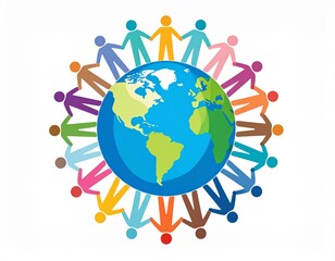 Global solidarity depicted through a diverse group of people holding hands around the Earth, illustrating international cooperation and a unified human community