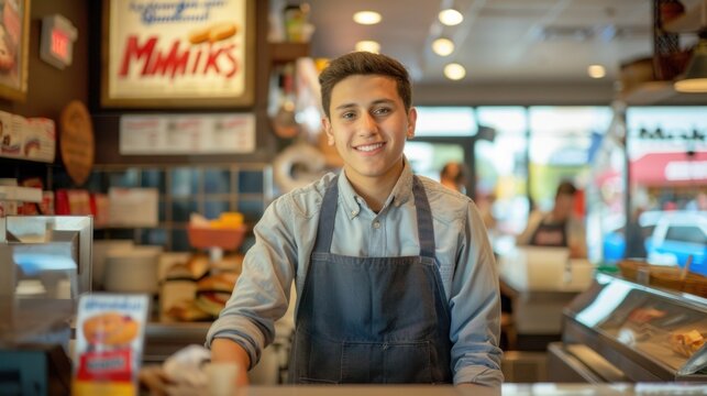A smiling young man in apron standing behind the counter cashier in a restaurant, looking at a camera.