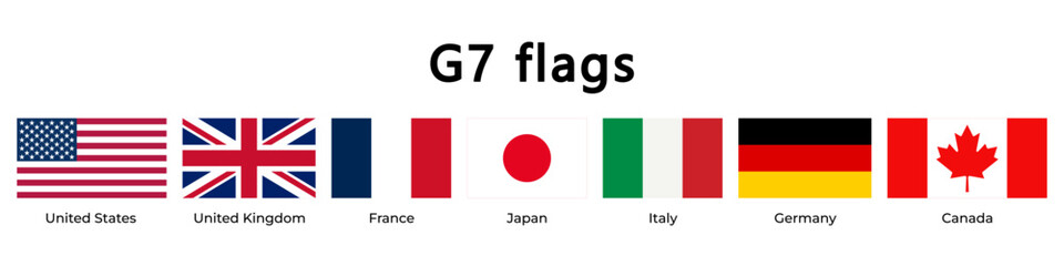 Flags of G7 countries isolated on a transparent background: USA, UK, France, Japan, Italy, Germany, and Canada. Correct proportions and colors. Perfect for international projects. High-quality vector
