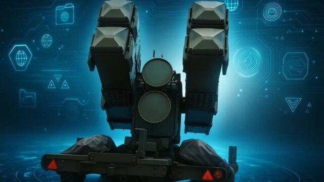Military Defense System with Digital Technology, Weapons, and Security Icons in a High-Tech Environment
