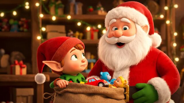 Christmas Elf Examining Toys in a Sack on Christmas Eve Inside of Santa's Workshop Near Gifts