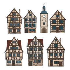 Fototapeta premium Collection of pixel art medieval buildings featuring timber framing architecture
