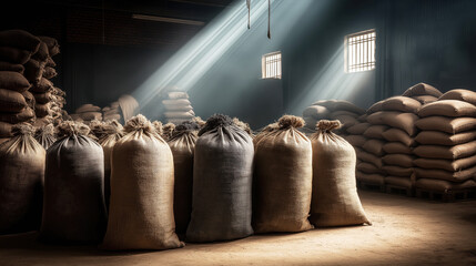 burlap sacks in rustic daylight warehouse
