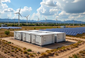 Fototapeta premium a renewable energy storage facility with giant battery units stabilizing electricity supply, cinematic wide shot featuring wind turbines and solar panels, photorealistic sustainable power environment