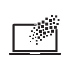 Laptop with pixels flying out of the screen, representing data transfer and digital technology. Solid black glyph icon for software processing or information flow.
