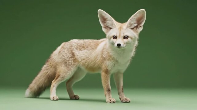 Adorable Fennec Fox with Large Ears on Green Studio Background.