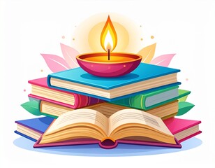 An open book rests atop a stack of colorful books, illuminated by the warm glow of a diya, symbolizing knowledge, learning, and spiritual enlightenment