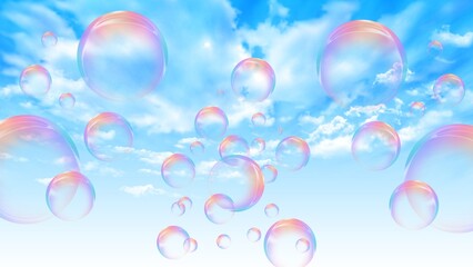 Dreamy abstract background of shimmering rainbow bubbles drifting against a serene blue sky with fluffy white clouds