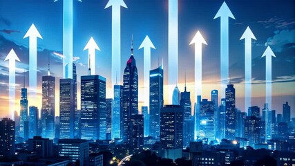 Cityscape at Dawn with Ascending Growth Arrows