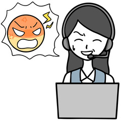 苦笑いのコールセンターの女性とクレーマー