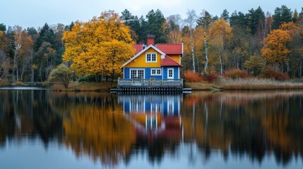 Colourful wooden house on the lake, Autumn landscape with house, Architectural background photography.