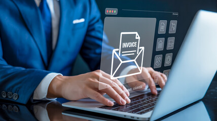 Person sending an invoice via email on a laptop with digital icons receiving