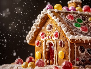 Naklejka premium Delicious Homemade Gingerbread House Decorated with Icing and Candy Against a Dark Background with Falling Snow for Festive Christmas Baking and Holiday Sweet Treats Concept