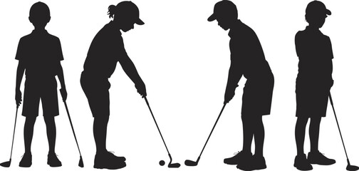 Kids playing golf silhouette, children golfing together, junior golfers, outdoor sports activity, boys and girls golfing, learning golf, youth sports, fun game, golfing practice, summer sports