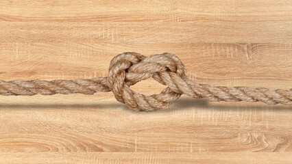 A strong rope tied in a heart-shaped knot symbolizing love, unity, and connection, resting on a rustic wooden background