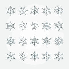 Collection of twenty unique snowflake designs, minimalist line art, winter, holiday symbols.