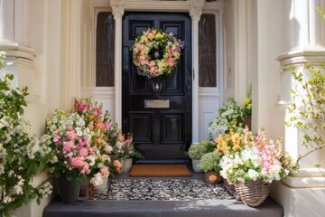Naklejka premium Charming Entryway Adorned with Floral Wreaths and Vibrant Potted Blooms on the Porch