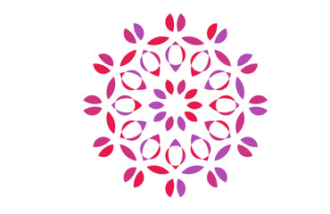 Decorative mandala with colorful floral petals, symmetrical kaleidoscope design in purple and red tones, circular sacred geometry ornament for meditation, yoga, interior decor, textile, wallpaper.