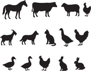 Farm Animal Silhouette Set Black Vector Profiles of Horse Cow Pig Chicken & More